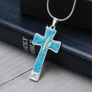 Angelic Feathers blue bg : Jewelry Cross Gold or Silver Plated Cross with chain necklace- In luxury packaging - Free standard shipping