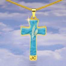 Load image into Gallery viewer, Angelic Feathers blue bg : Jewelry Cross Gold or Silver Plated Cross with chain necklace- In luxury packaging - Free standard shipping
