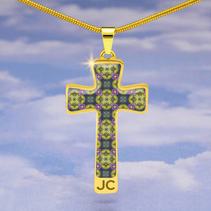 Byzantium Garden : Green pattern Jewelry Cross Gold or Silver Plated  Cross with chain necklace- In luxury packaging - Free standard shipping