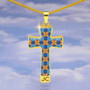 Byzantium Garden : Blue orange pattern Jewelry Cross Gold or Silver Plated  Cross with chain necklace- In luxury packaging - Free standard shipping
