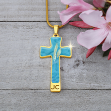 Load image into Gallery viewer, Angelic Feathers blue bg : Jewelry Cross Gold or Silver Plated Cross with chain necklace- In luxury packaging - Free standard shipping
