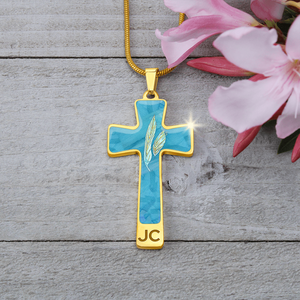 Angelic Feathers blue bg : Jewelry Cross Gold or Silver Plated Cross with chain necklace- In luxury packaging - Free standard shipping