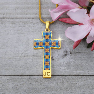 Byzantium Garden : Blue orange pattern Jewelry Cross Gold or Silver Plated  Cross with chain necklace- In luxury packaging - Free standard shipping