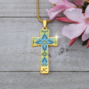Magic Stardust Green pattern : Jewelry Cross Gold or Silver Plated Cross with chain necklace- In luxury packaging - Free standard shipping