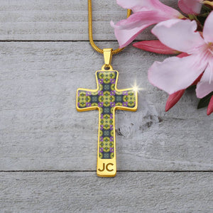 Byzantium Garden : Green pattern Jewelry Cross Gold or Silver Plated  Cross with chain necklace- In luxury packaging - Free standard shipping