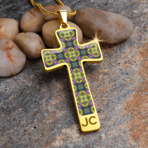 Byzantium Garden : Green pattern Jewelry Cross Gold or Silver Plated  Cross with chain necklace- In luxury packaging - Free standard shipping