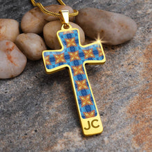 Load image into Gallery viewer, Byzantium Garden : Blue orange pattern Jewelry Cross Gold or Silver Plated  Cross with chain necklace- In luxury packaging - Free standard shipping
