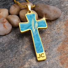 Load image into Gallery viewer, Angelic Feathers blue bg : Jewelry Cross Gold or Silver Plated Cross with chain necklace- In luxury packaging - Free standard shipping

