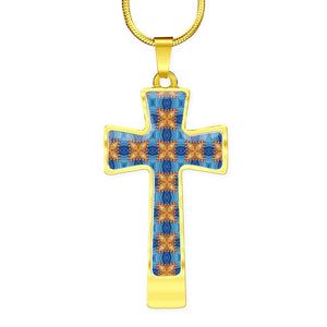 Byzantium Garden : Blue orange pattern Jewelry Cross Gold or Silver Plated  Cross with chain necklace- In luxury packaging - Free standard shipping