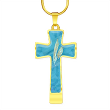 Load image into Gallery viewer, Angelic Feathers blue bg : Jewelry Cross Gold or Silver Plated Cross with chain necklace- In luxury packaging - Free standard shipping
