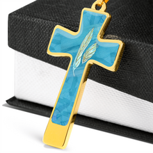 Load image into Gallery viewer, Angelic Feathers blue bg : Jewelry Cross Gold or Silver Plated Cross with chain necklace- In luxury packaging - Free standard shipping
