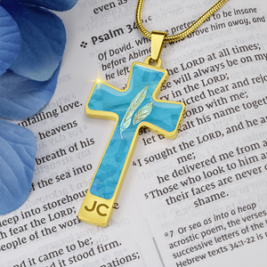 Angelic Feathers blue bg : Jewelry Cross Gold or Silver Plated Cross with chain necklace- In luxury packaging - Free standard shipping
