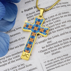 Byzantium Garden : Blue orange pattern Jewelry Cross Gold or Silver Plated  Cross with chain necklace- In luxury packaging - Free standard shipping