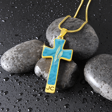 Load image into Gallery viewer, Angelic Feathers blue bg : Jewelry Cross Gold or Silver Plated Cross with chain necklace- In luxury packaging - Free standard shipping
