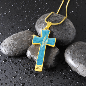 Angelic Feathers blue bg : Jewelry Cross Gold or Silver Plated Cross with chain necklace- In luxury packaging - Free standard shipping