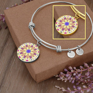Byzantium Garden : Golden pattern Round Charm Bracelet, Gold or Silver Plated with chain - In luxury packaging - Free standard shipping