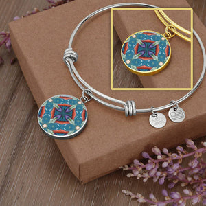 Byzantium Garden : Blue pattern, Round Charm Bracelet, Gold or Silver Plated - In luxury packaging - Free standard shipping