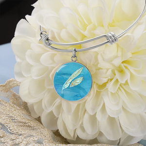 Angelic Feathers blue bg Round Charm Bracelet, Gold or Silver Plated  - In luxury packaging - Free standard shipping