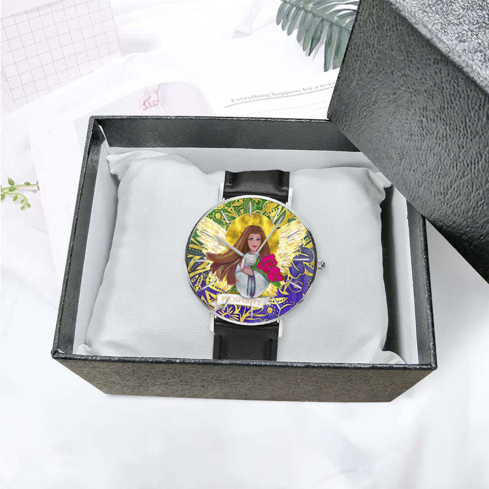 Prosperity Angel : Quartz Watch Leather black with Gold or Silver frame - in premium gift box - 1.5 × 1.5