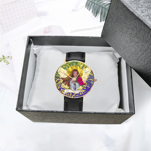 Prosperity Angel : Quartz Watch Leather black with Gold or Silver frame - in premium gift box - 1.5 × 1.5" - Free standard