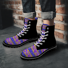 Load image into Gallery viewer, Golden Daisies Purple pattern : Black Boots, PU leather upper + Rubber sole - Free standard shipping
