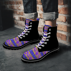 Golden Daisies Purple pattern : Black Boots, PU leather upper + Rubber sole - Free standard shipping