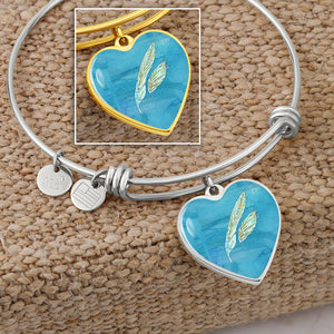 Angelic feathers Blue pattern Heart charm Bracelet, Gold or Silver Plated  - In luxury packaging - Free standard shipping