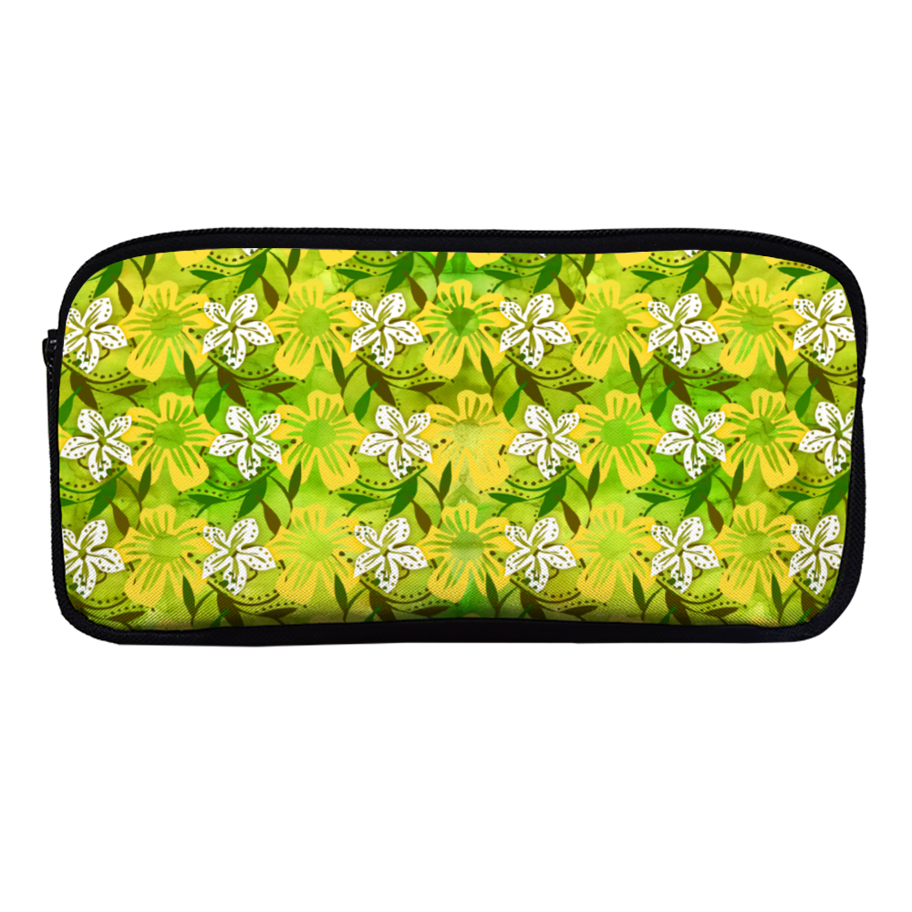 Golden Daisies Green Pattern : Pencil Case - 22cm x 12cm x 5cm - 8.7