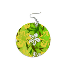 Load image into Gallery viewer, Golden Daisies green turquoise pattern : Round Wooden Earrings - Diameter 6cm (2.4inch) double side print  -  Free standard shipping
