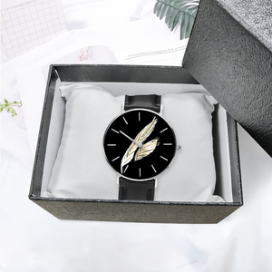 Angelic Feathers : Quartz Watch Leather black with Gold or Silver frame - in premium gift box - 1.5 × 1.5" - Free standard