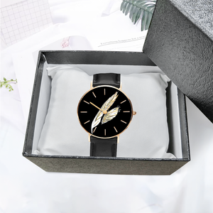 Angelic Feathers : Quartz Watch Leather black with Gold or Silver frame - in premium gift box - 1.5 × 1.5" - Free standard