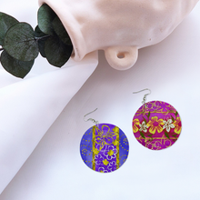 Load image into Gallery viewer, Golden Daisies Magenta Purple pattern : Round Wooden Earrings - Diameter 6cm (2.4inch) double side print  -  Free standard shipping
