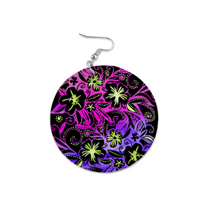 Glowing Flowers : Round Wooden Earrings - Diameter 6cm (2.4inch) double side print  -  Free standard shipping