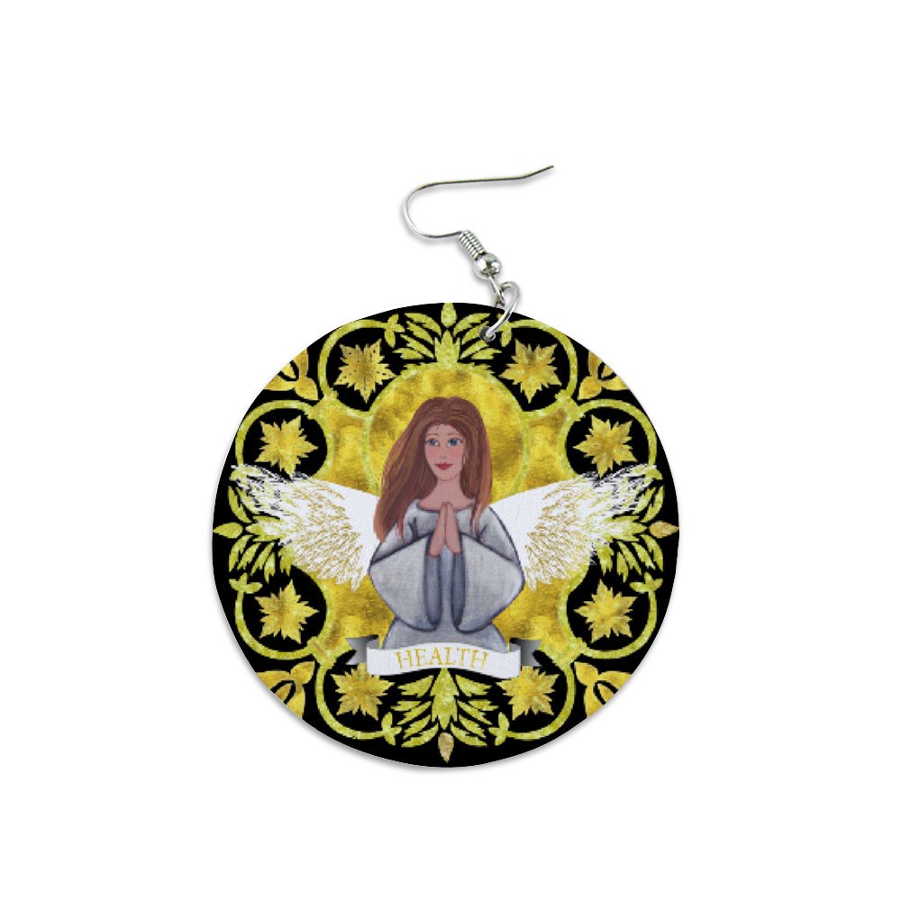 Health Angel - black pattern : Round Wooden Earrings - Diameter 6cm (2.4inch) double side print  -  Free standard shipping