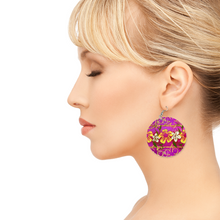 Load image into Gallery viewer, Golden Daisies Magenta Purple pattern : Round Wooden Earrings - Diameter 6cm (2.4inch) double side print  -  Free standard shipping
