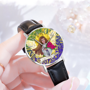 Prosperity Angel : Quartz Watch Leather black with Gold or Silver frame - in premium gift box - 1.5 × 1.5" - Free standard