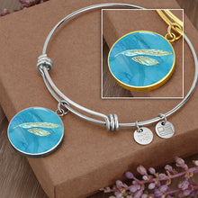 Load image into Gallery viewer, Angelic Feathers blue bg Round Charm Bracelet, Gold or Silver Plated  - In luxury packaging - Free standard shipping
